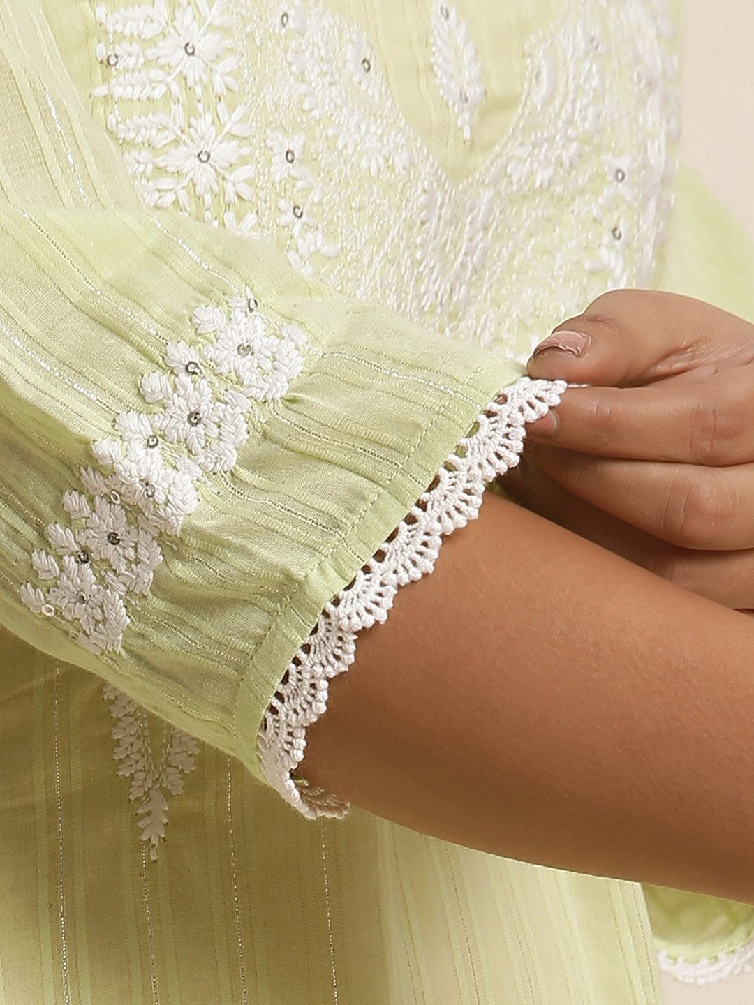 W Green Floral Embroidered Sequinned Pastel Kurta