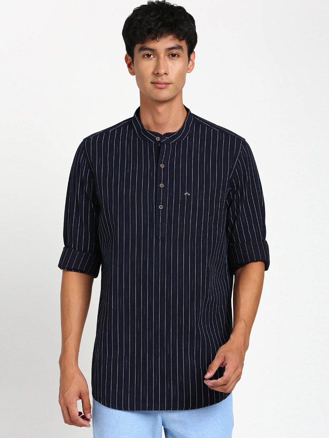 Turtle Striped Mandarin Collar Pure Cotton Kurta