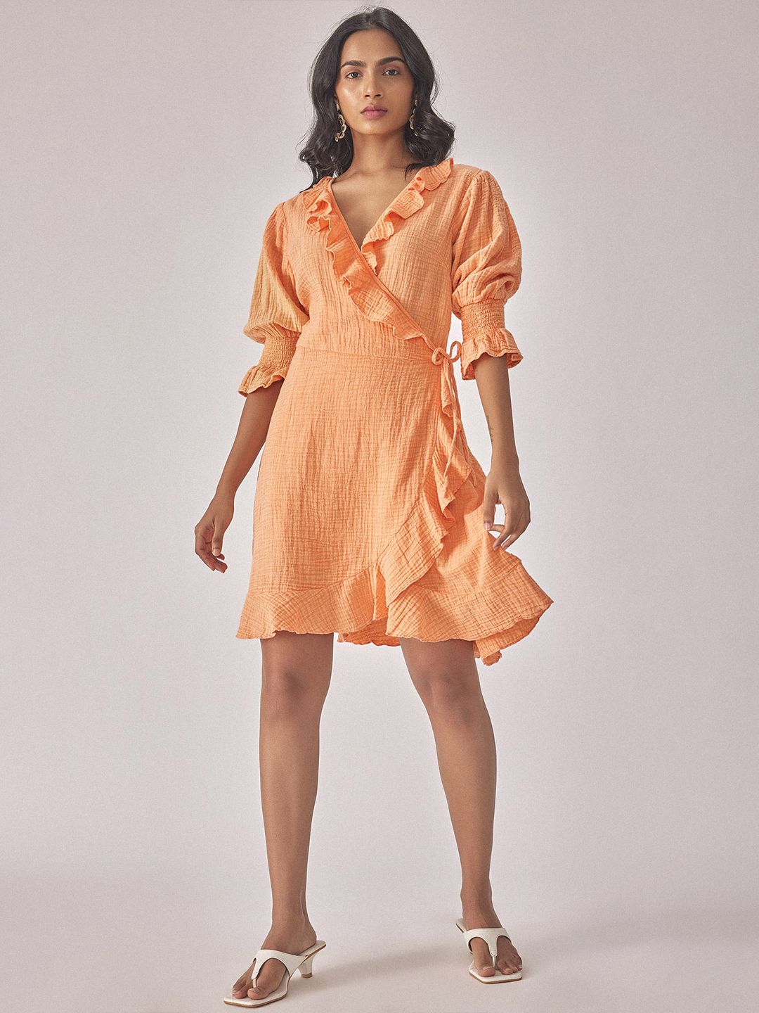 The Label Life Puff Sleeves Ruffled Detailed Cotton Warp Dress