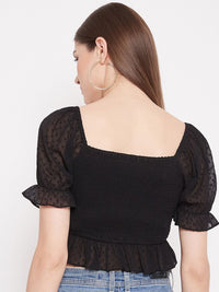 Berrylush Black Smocked Georgette Regular Crop Top