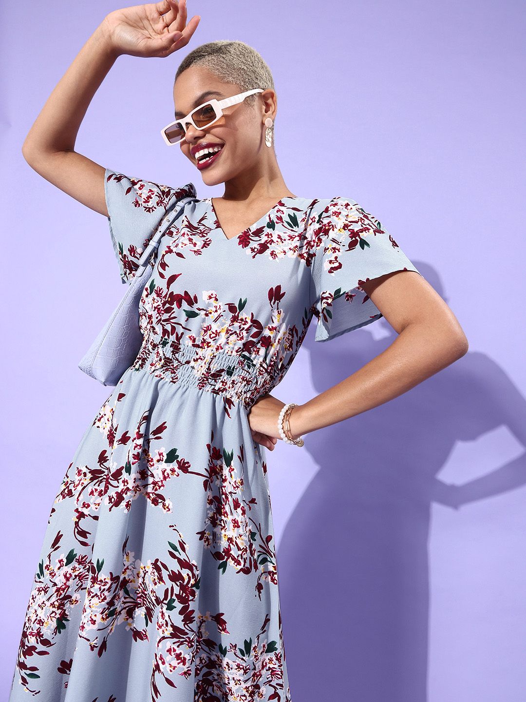 Berrylush Blue & Red Floral Crepe Maxi Dress