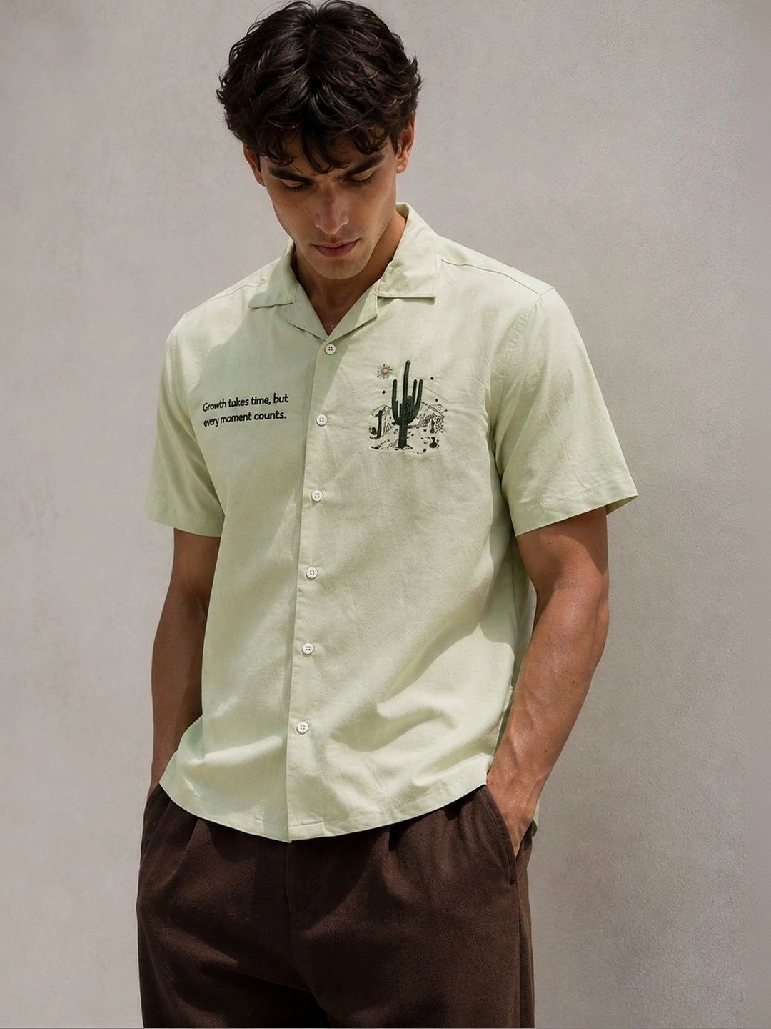 Eszett Cactus Cuban Collar Cotton Shirt