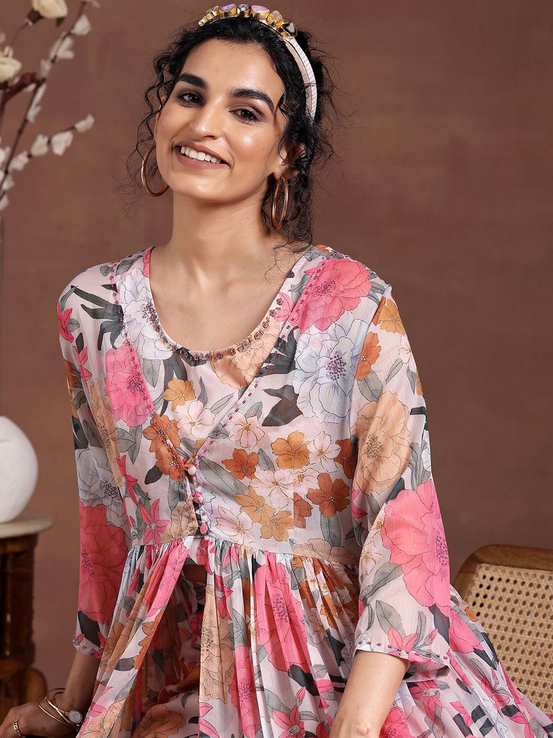 Libas Women floral Printed Tunic, Shrug & Palazzos Co-Ords Co-Ords