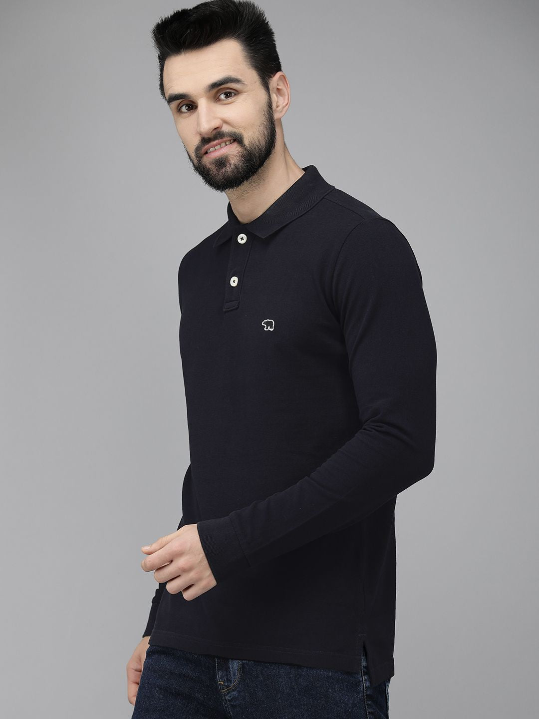 THE BEAR HOUSE Men Navy Blue Pure Cotton Solid Polo Collar Slim Fit T-shirt