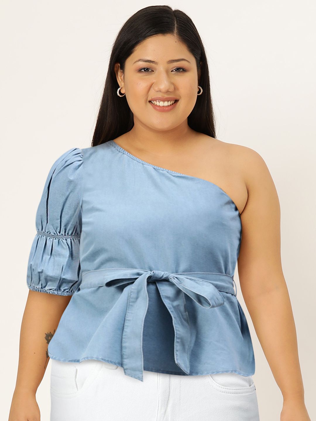 STREET 9 Blue Solid One Shoulder Indigo Pure Cotton Denim Regular Top With Belt