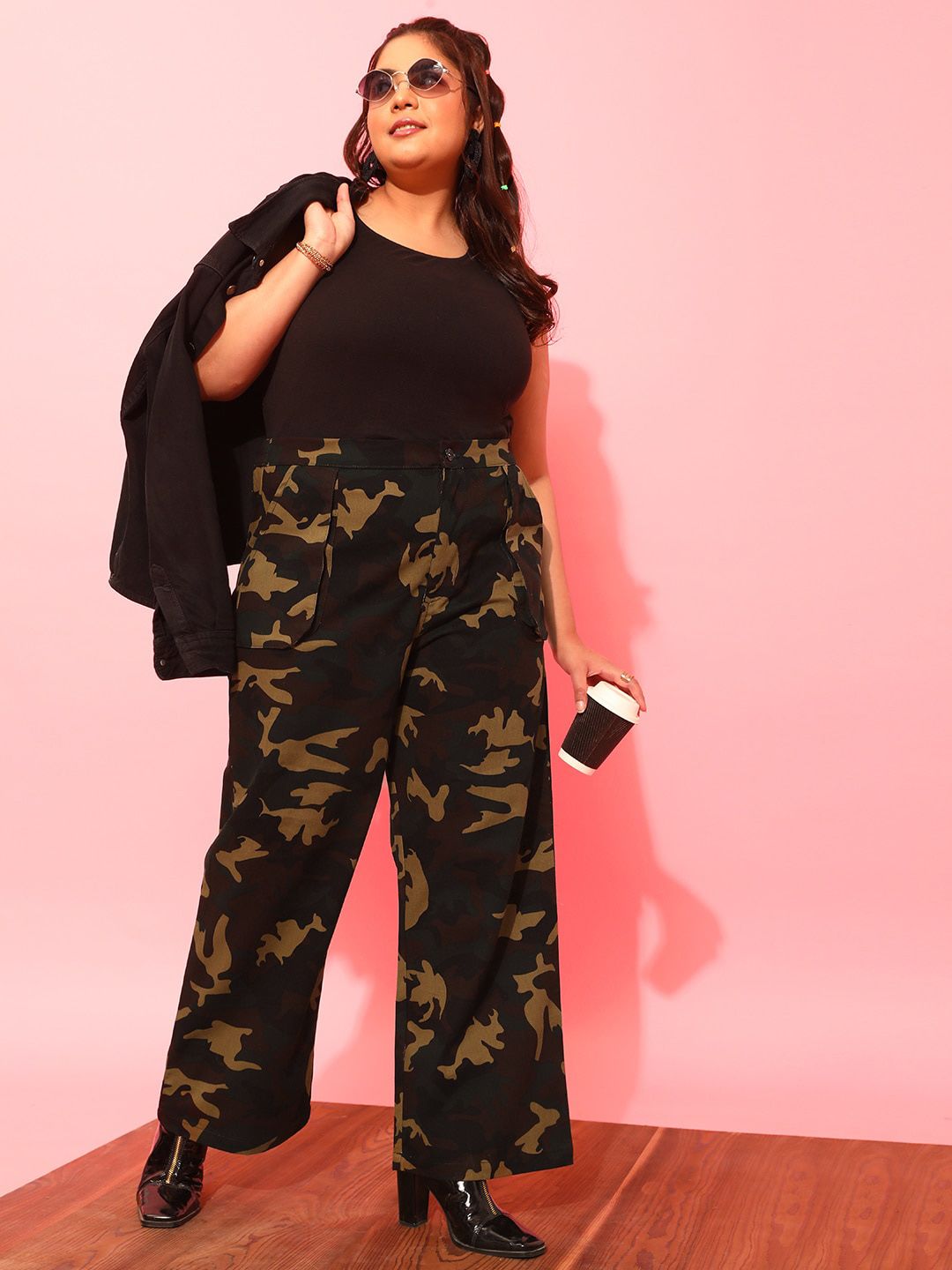CURVY STREET Women Plus Size Olive Green Printed Relaxed Straight Leg Pure Cotton Trousers