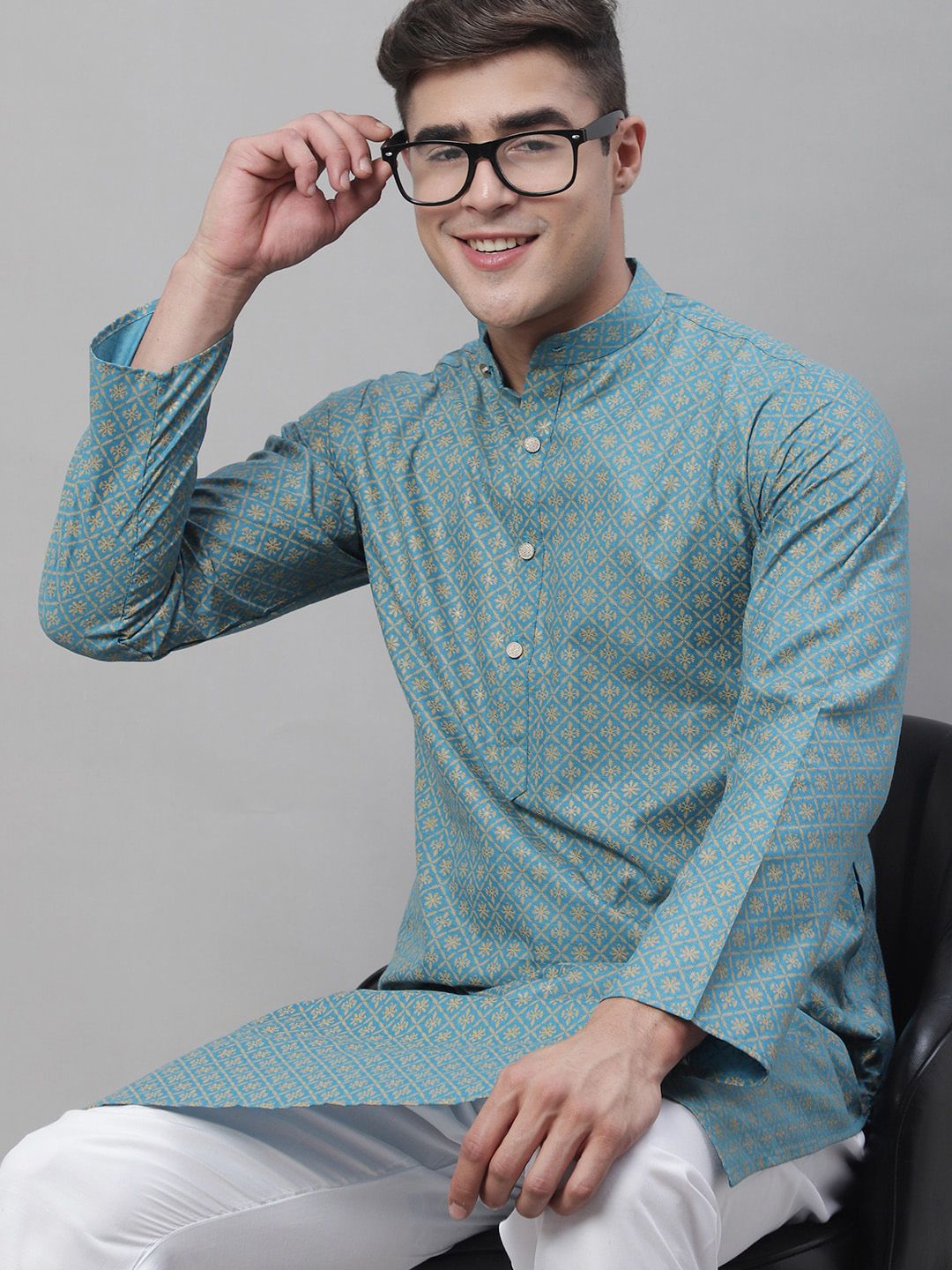 SOJANYA Men Geometric Printed Cotton Linen Kurta