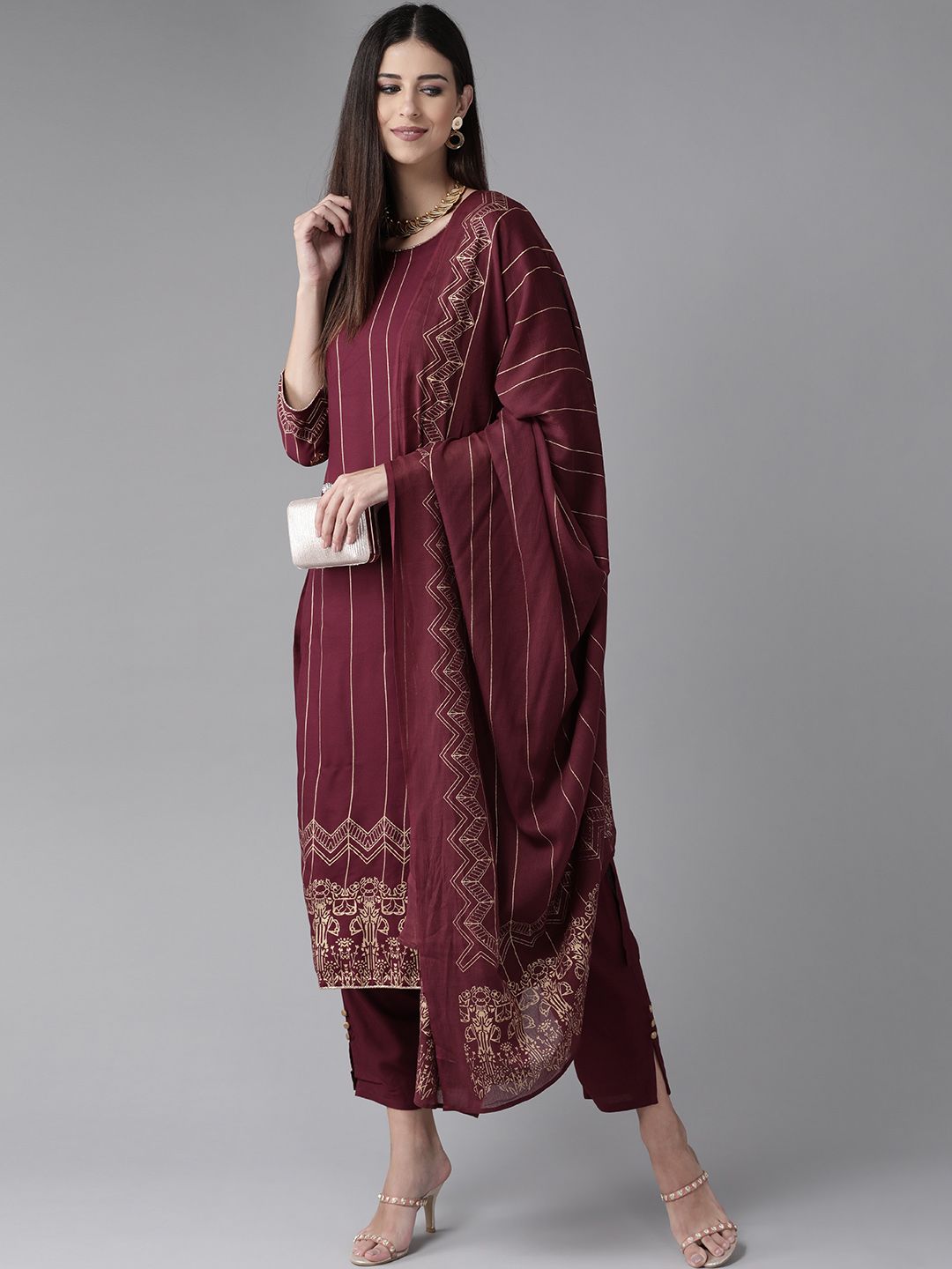 Indo Era Women Burgundy Printed Regular Kurta with Trousers & With Dupatta
