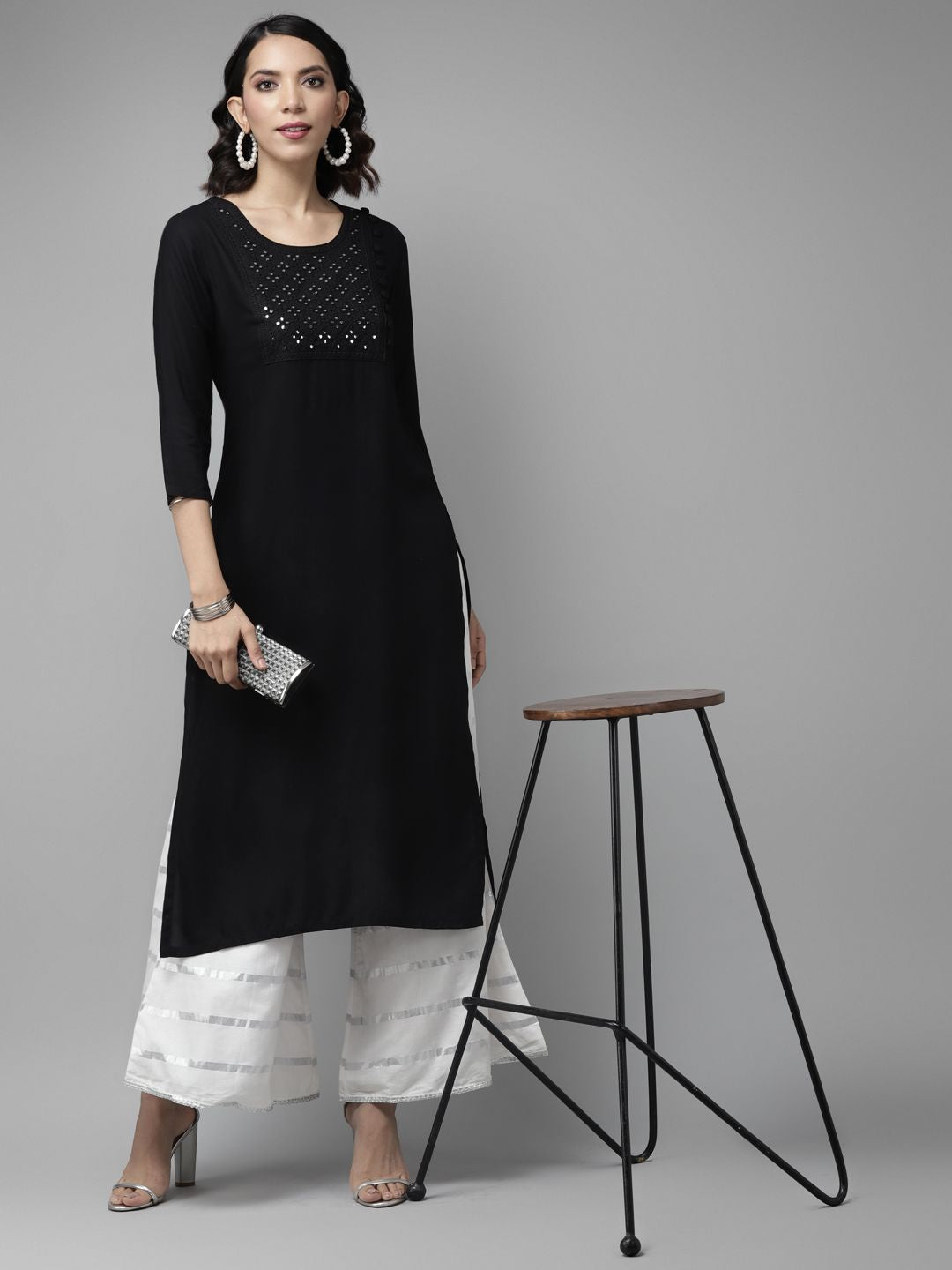 Libas Women Black Yoke Design Mirror Work Kurta