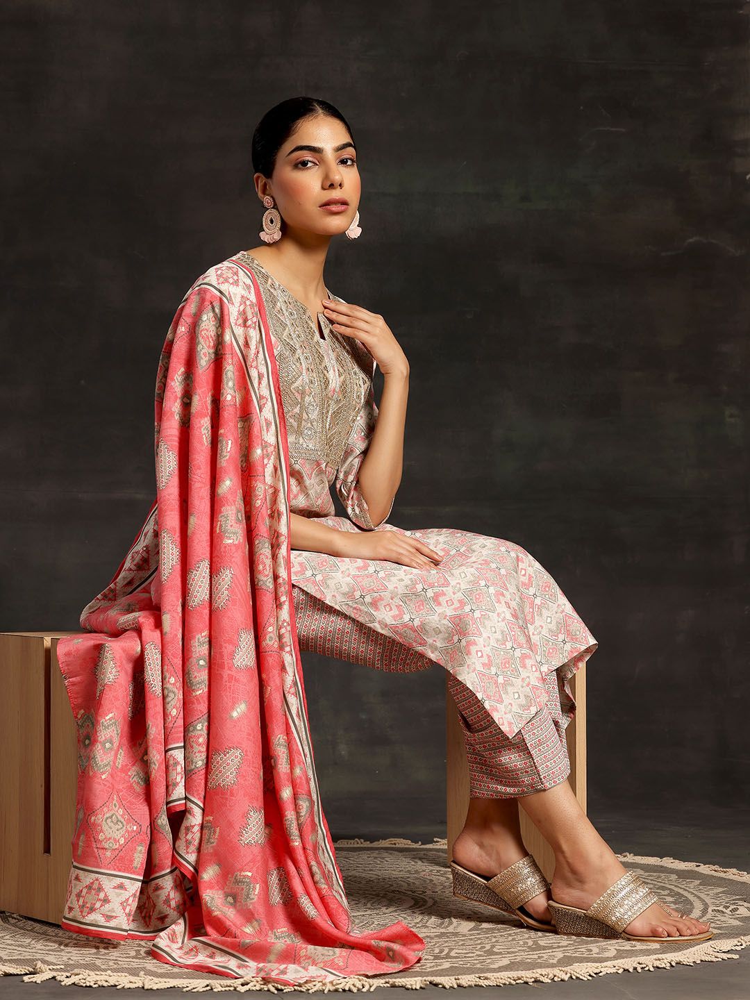 Libas Beige Ethnic Motifs Printed Sequinned Straight Kurta With Palazzos & Dupatta