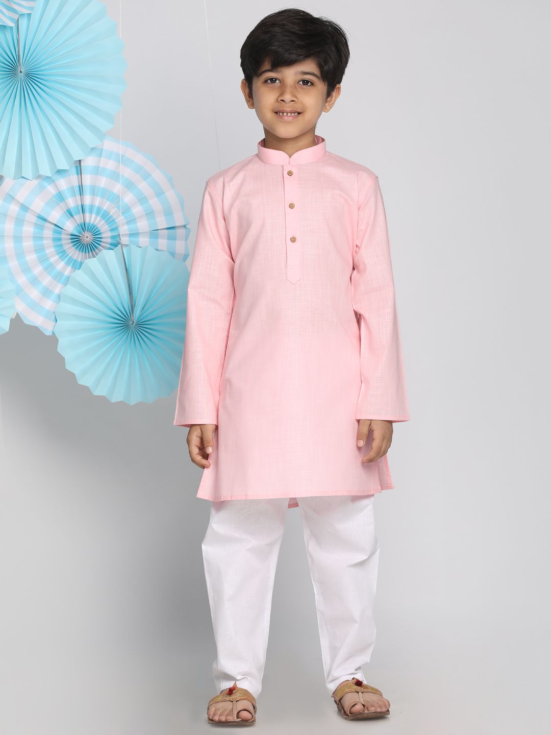 VASTRAMAY Boys Pink & White Solid Kurta with Pyjamas