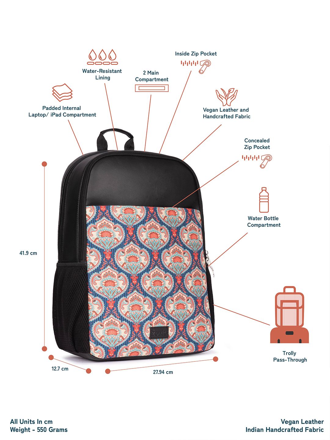 Beg galas tahan air bercetak ZOUK Kovil Sehingga 16 inci