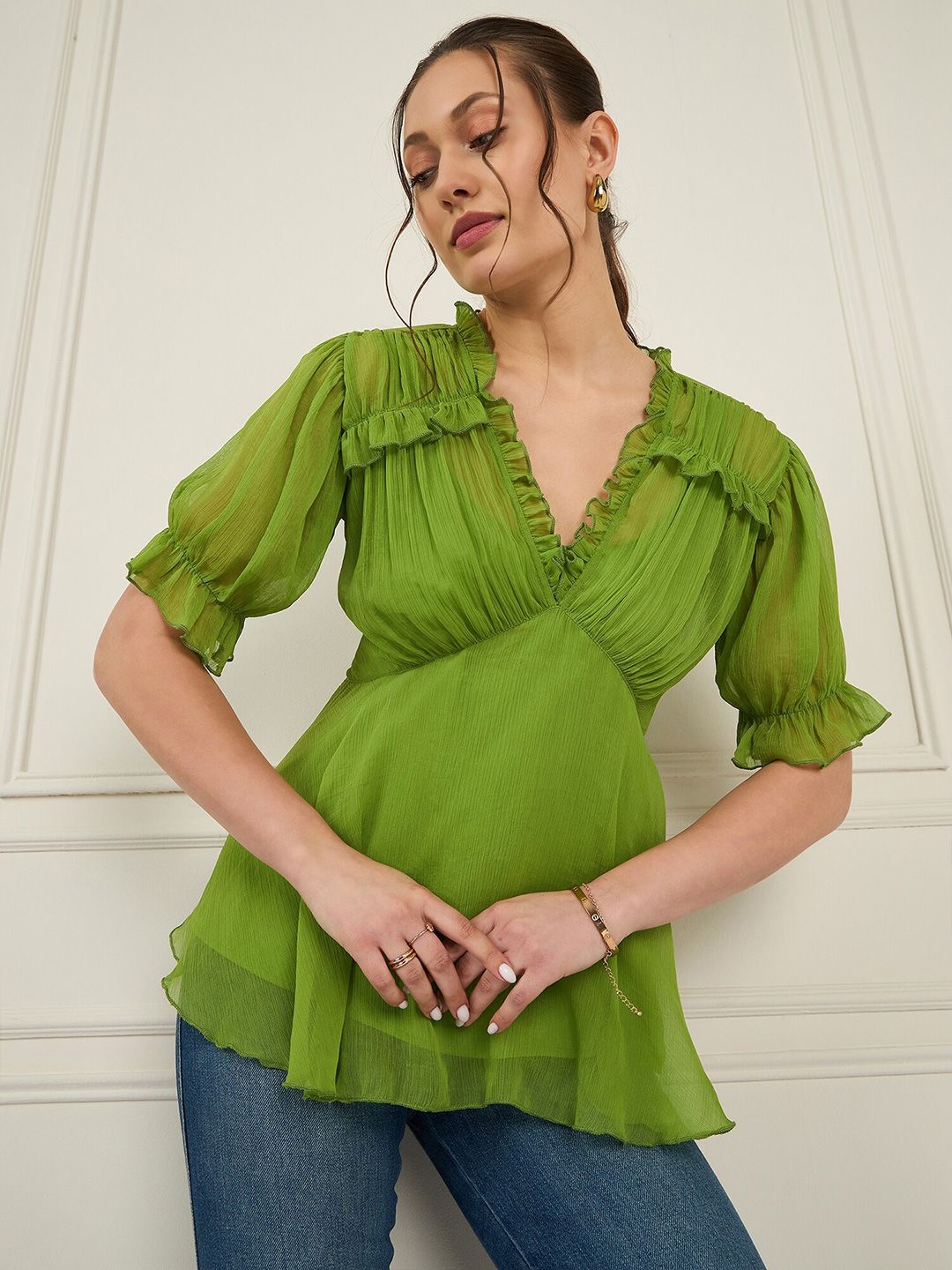 Antheaa Puff Sleeve Chiffon Empire Top