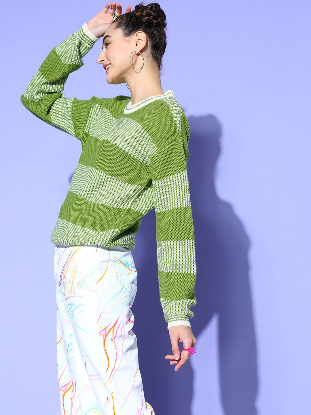 Berrylush Women Green Striped Knits Bits Sweater