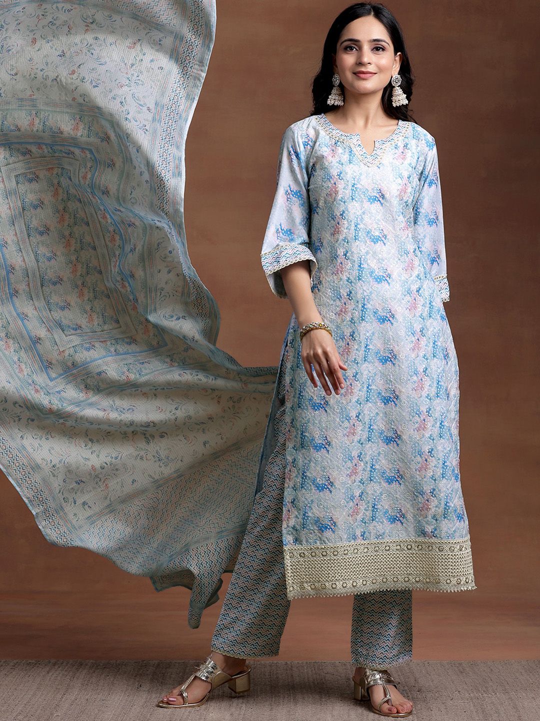 Libas Abstract Embroidered Regular Thread Work Kurta with Trousers & With Dupatta