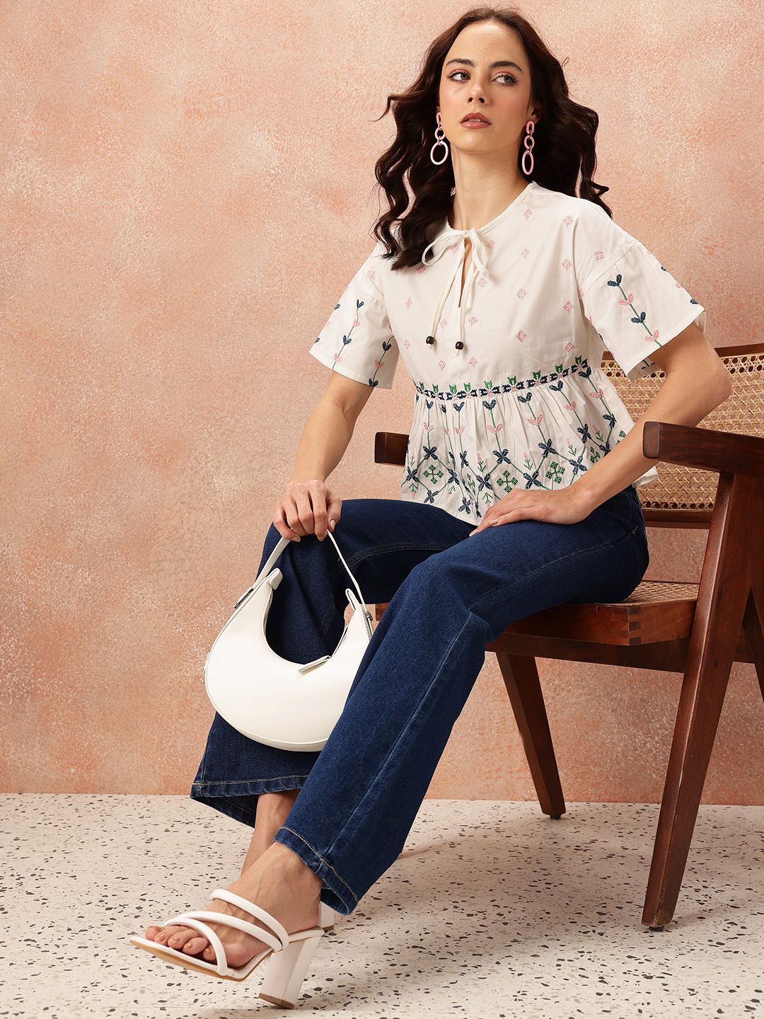 all about you Floral Embroidered Pure Cotton Empire Top