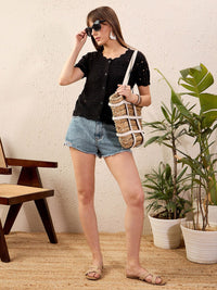 SASSAFRAS Self Design Round Neck Crochet Shirt Style Top