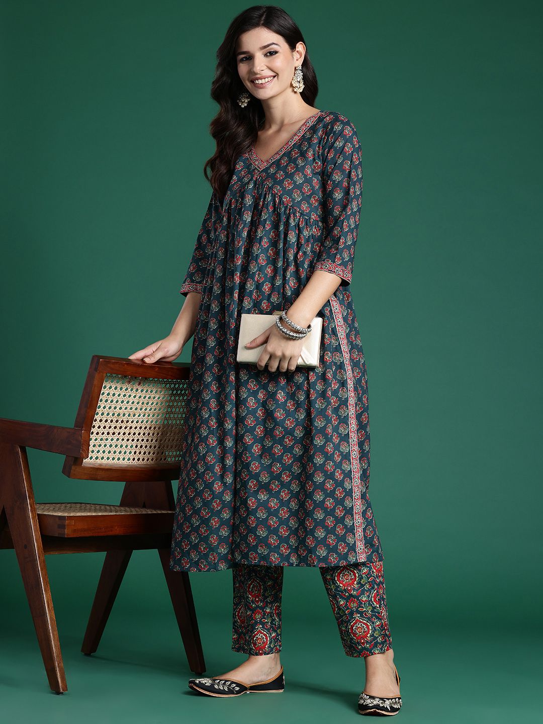 Indo Era Ethnic Motifs Printed Empire Pure Cotton Kurta with Trousers