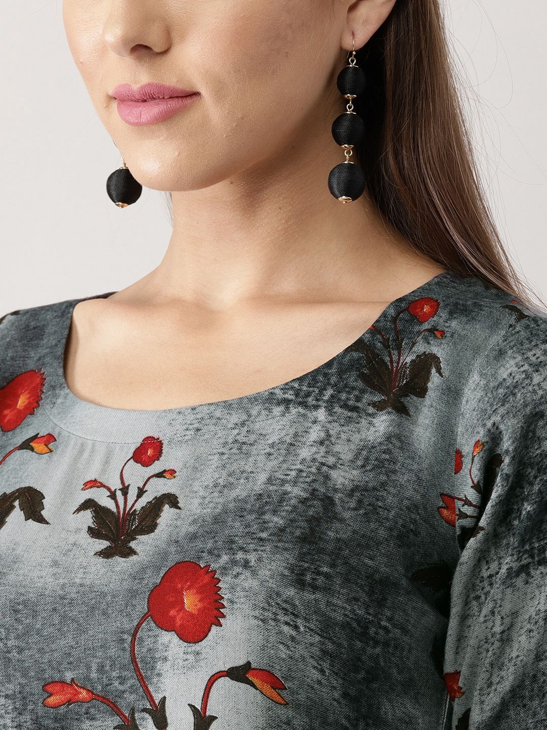 Libas Women Charcoal Grey & Coral Red Printed Kurta with Palazzos