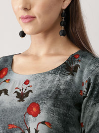 Libas Women Charcoal Grey & Coral Red Printed Kurta with Palazzos