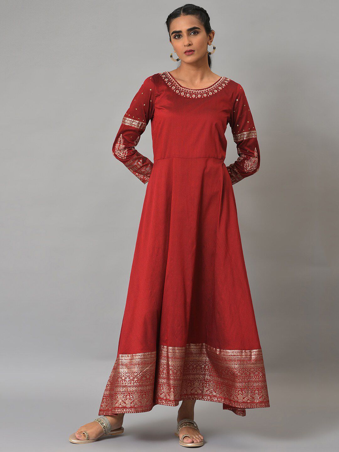 W Red Embellished Fit & Flare Maxi Ethnic Dress