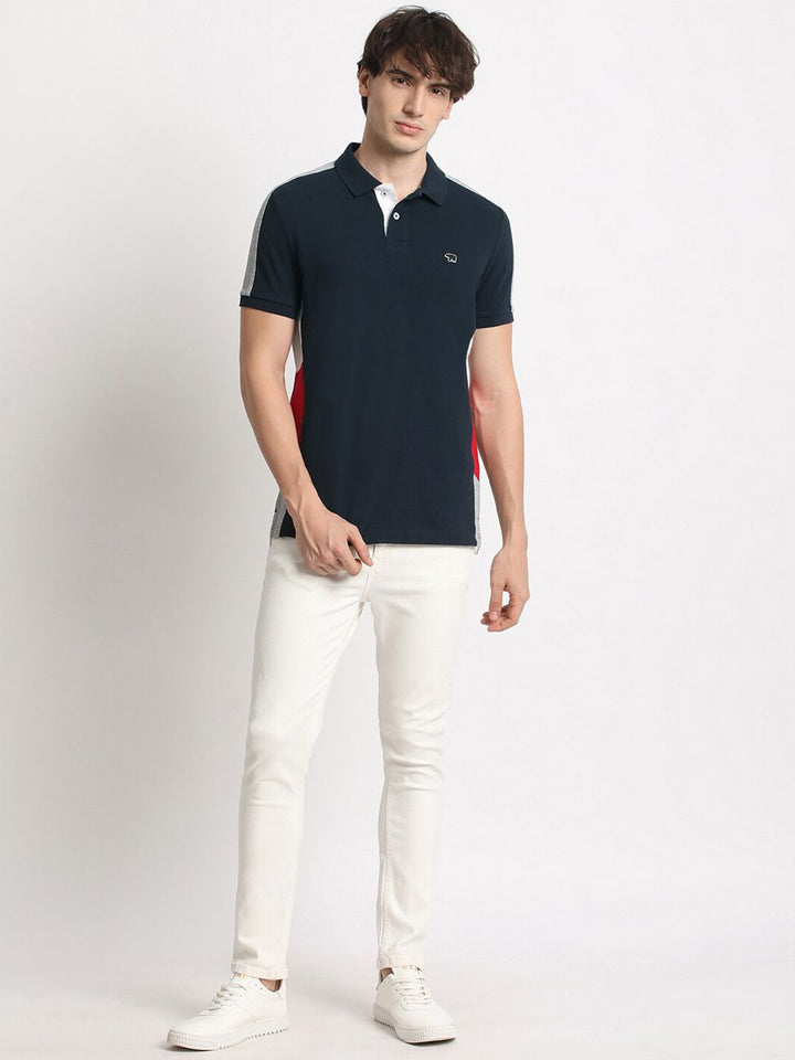 THE BEAR HOUSE Colourblocked Polo Collar Pure Cotton Slim Fit T-shirt