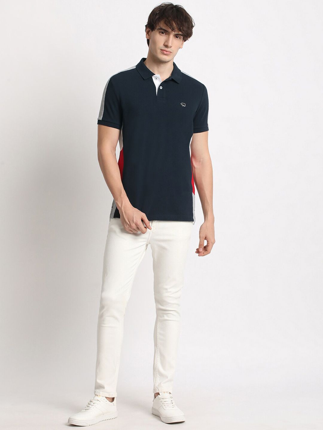 THE BEAR HOUSE Colourblocked Polo Collar Pure Cotton Slim Fit T-shirt