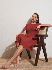 DENNISON Rust Crepe Fit & Flare Smocked Dress