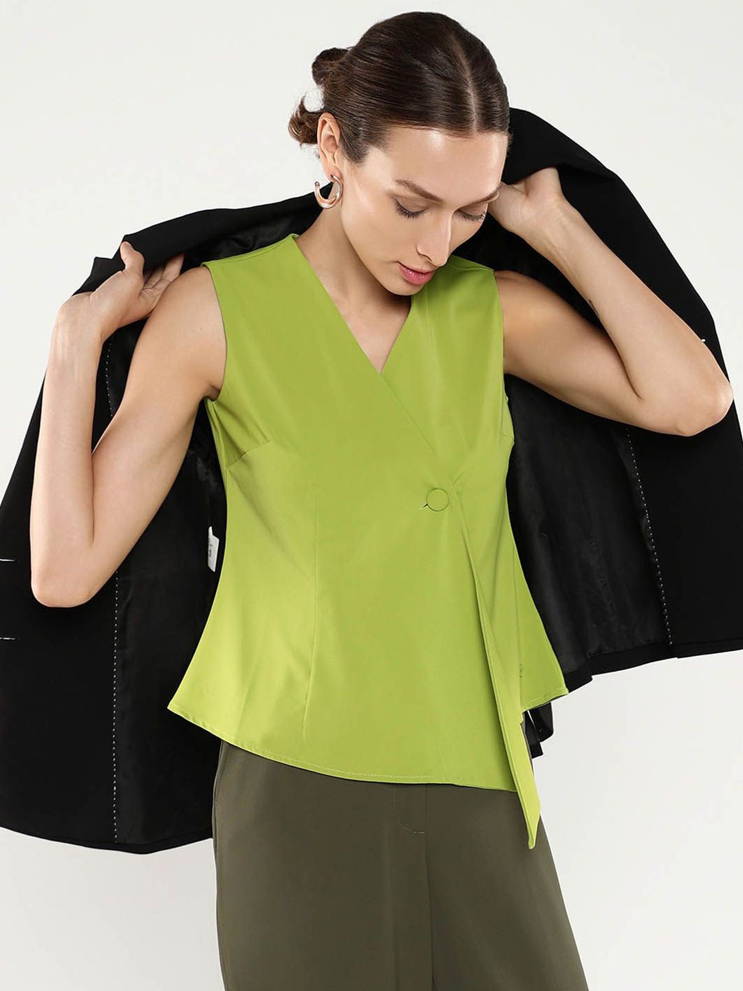 RAREISM Solid Cotton Wrap Sleeveless Shirt Style Top