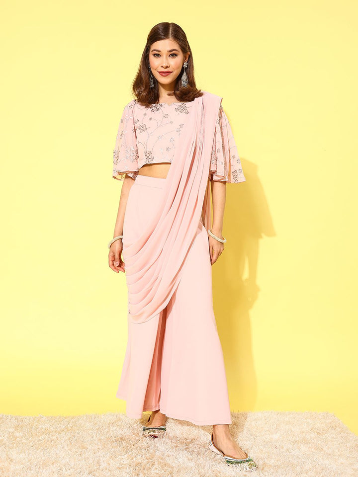 Libas Pink Floral Embroidered Pure Georgette Palazzo Saree