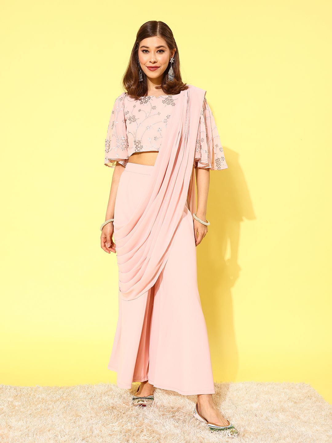 Libas Pink Floral Embroidered Pure Georgette Palazzo Saree