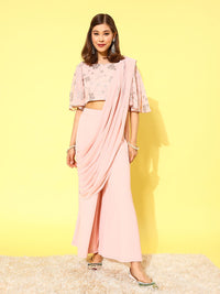 Libas Pink Floral Embroidered Pure Georgette Palazzo Saree