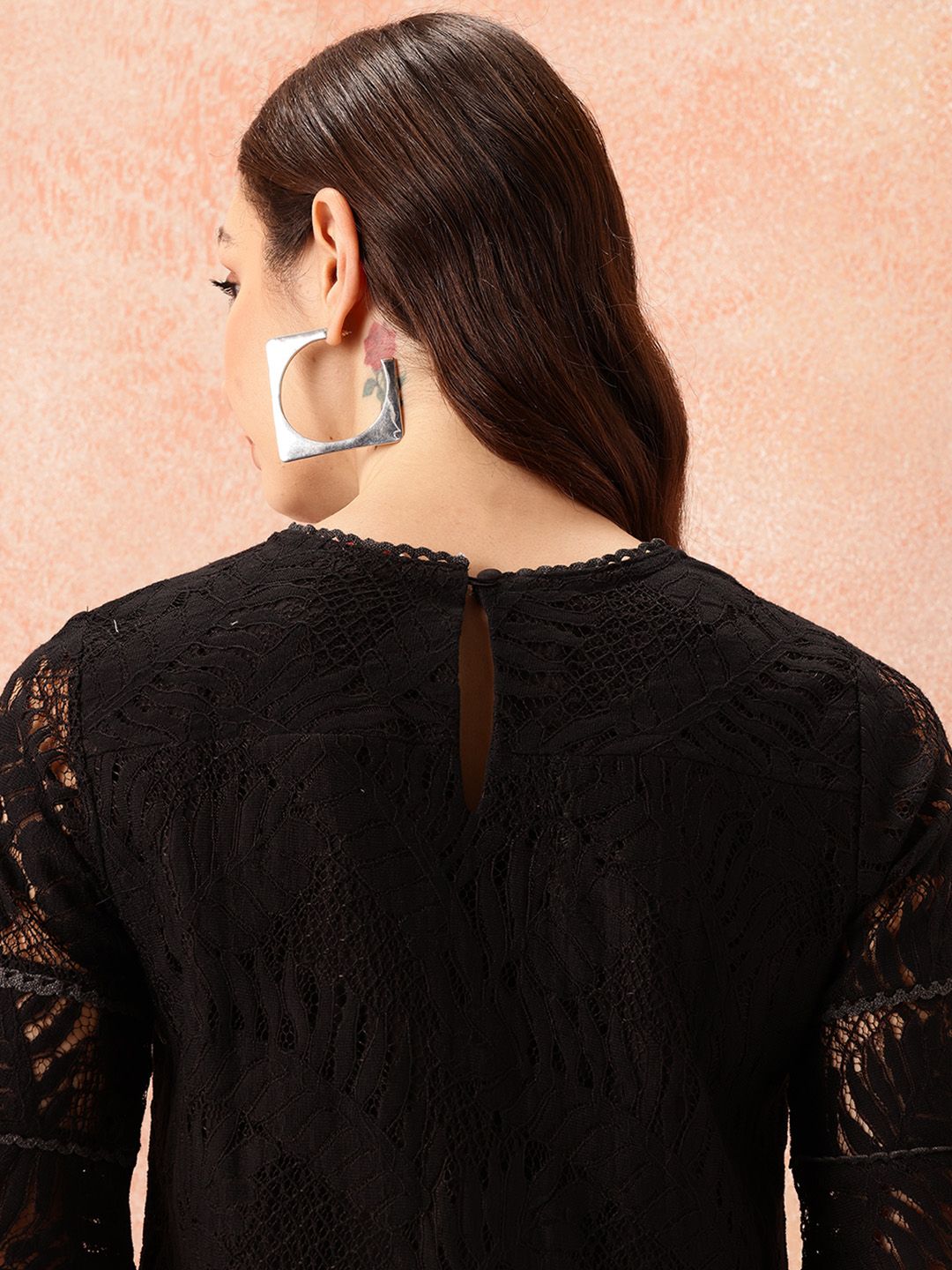 all about you Self Design Lace Up Bell Sleeve Top