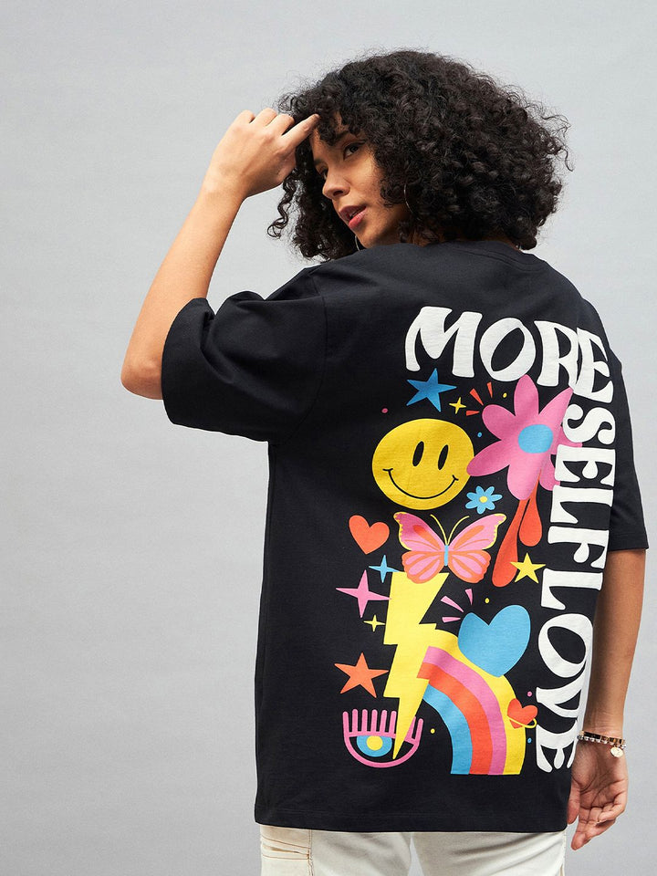 SASSAFRAS More Self Love Printed Drop-Shoulder Oversized Pure Cotton T-shirt