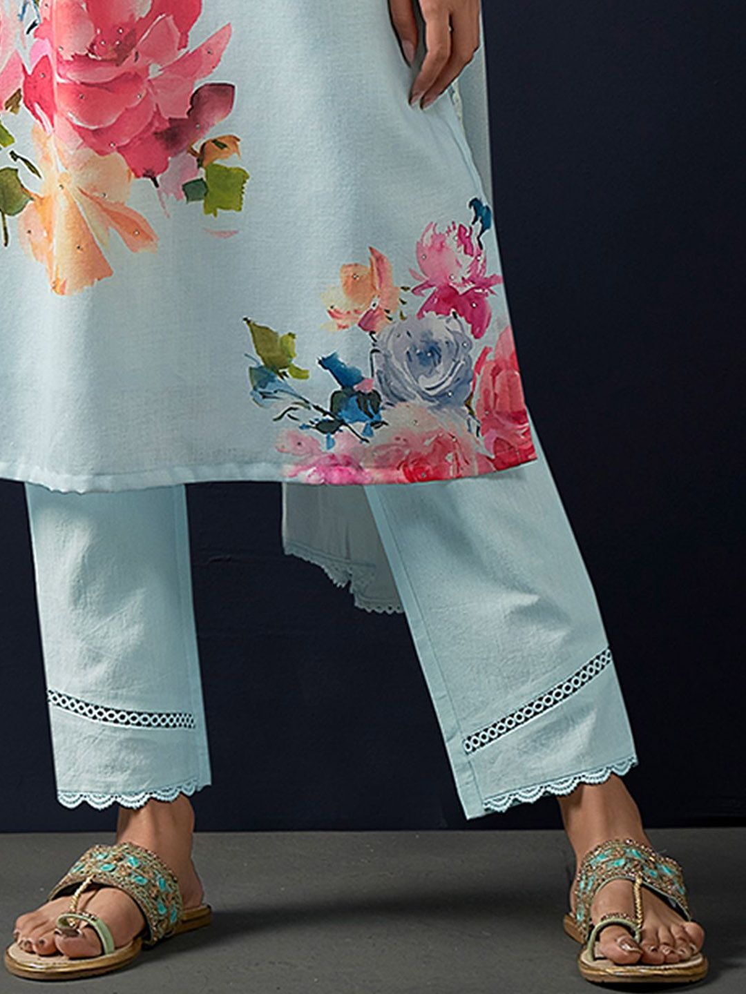 Indo Era Floral Printed Regular Linen Straight Kurta With Trousers & Dupatta