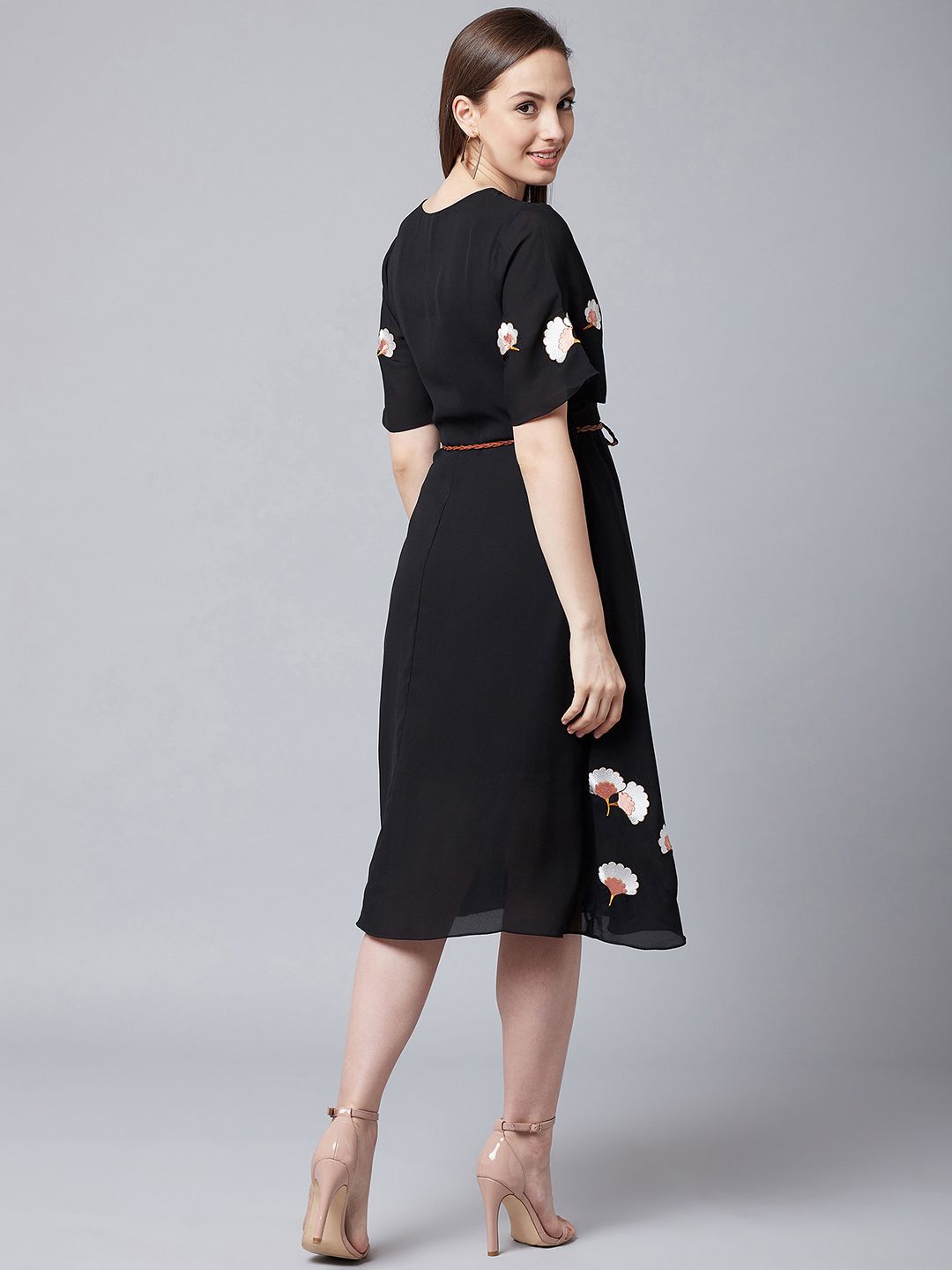 Athena Women Black Embroidered Wrap Dress