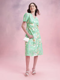 DressBerry Floral Print Puff Sleeves A-Line Midi Dress with Mock Buttons