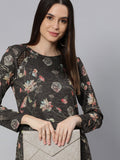 Global Desi Women Charcoal Grey Floral Printed Midi A-Line Dress