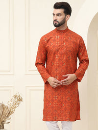 SOJANYA Men Orange & White Geometric Printed  Cotton Linen Kurta