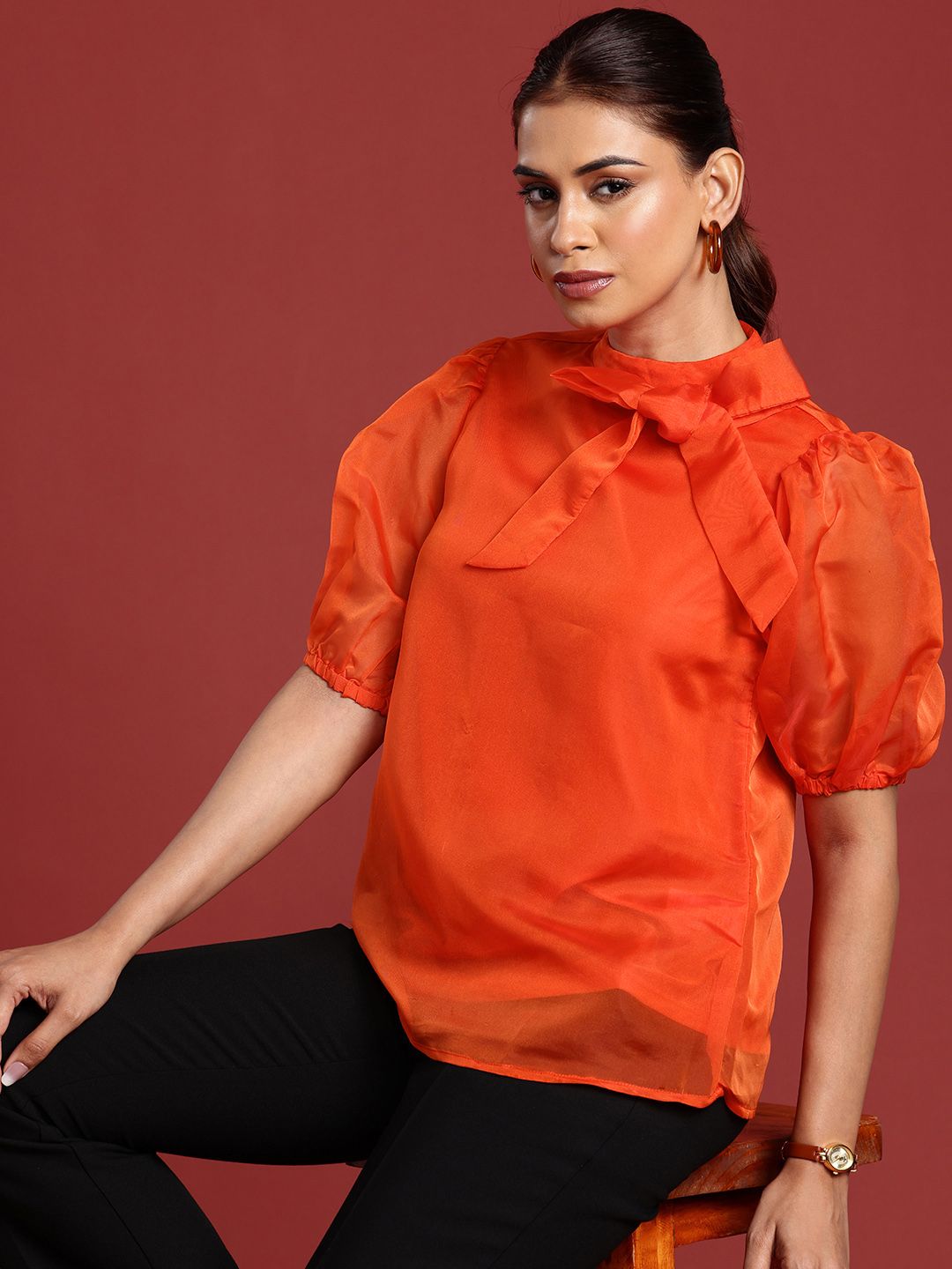 all about you High Neck Puff Sleeves Tie-Ups Detailed Top