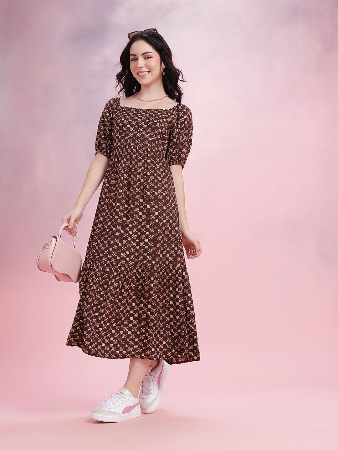 DressBerry Ethnic Print Cut-Out Back A-Line Midi Dress