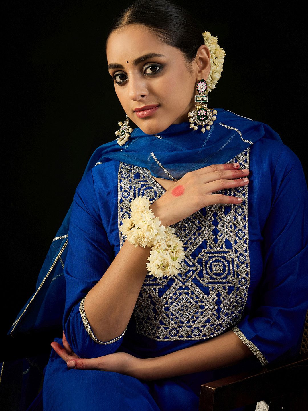 Indo Era V Neck Floral Yoke Design Zardozi Straight Kurta with Trouser & Dupatta