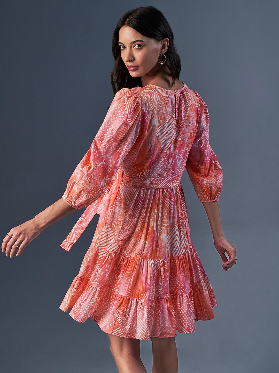 AND Floral Printed Round Neck Puff Sleeve Fit & Flare Dress