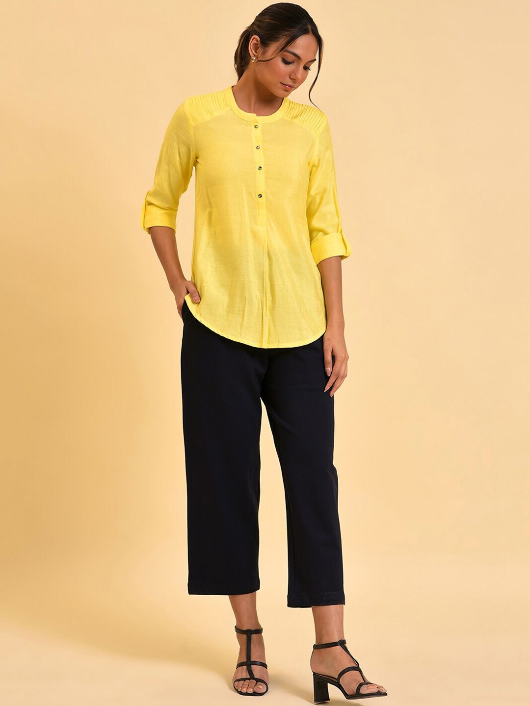 W Yellow Roll-Up Sleeves Shirt Style Top