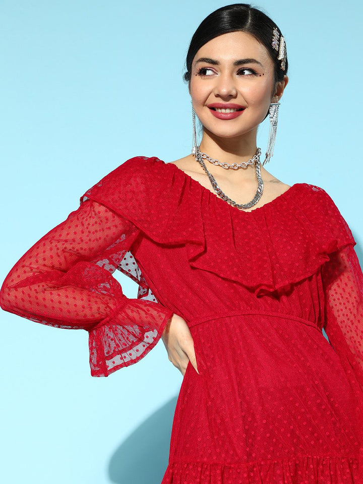 Athena Red Self Design Dobby Net A-Line Dress