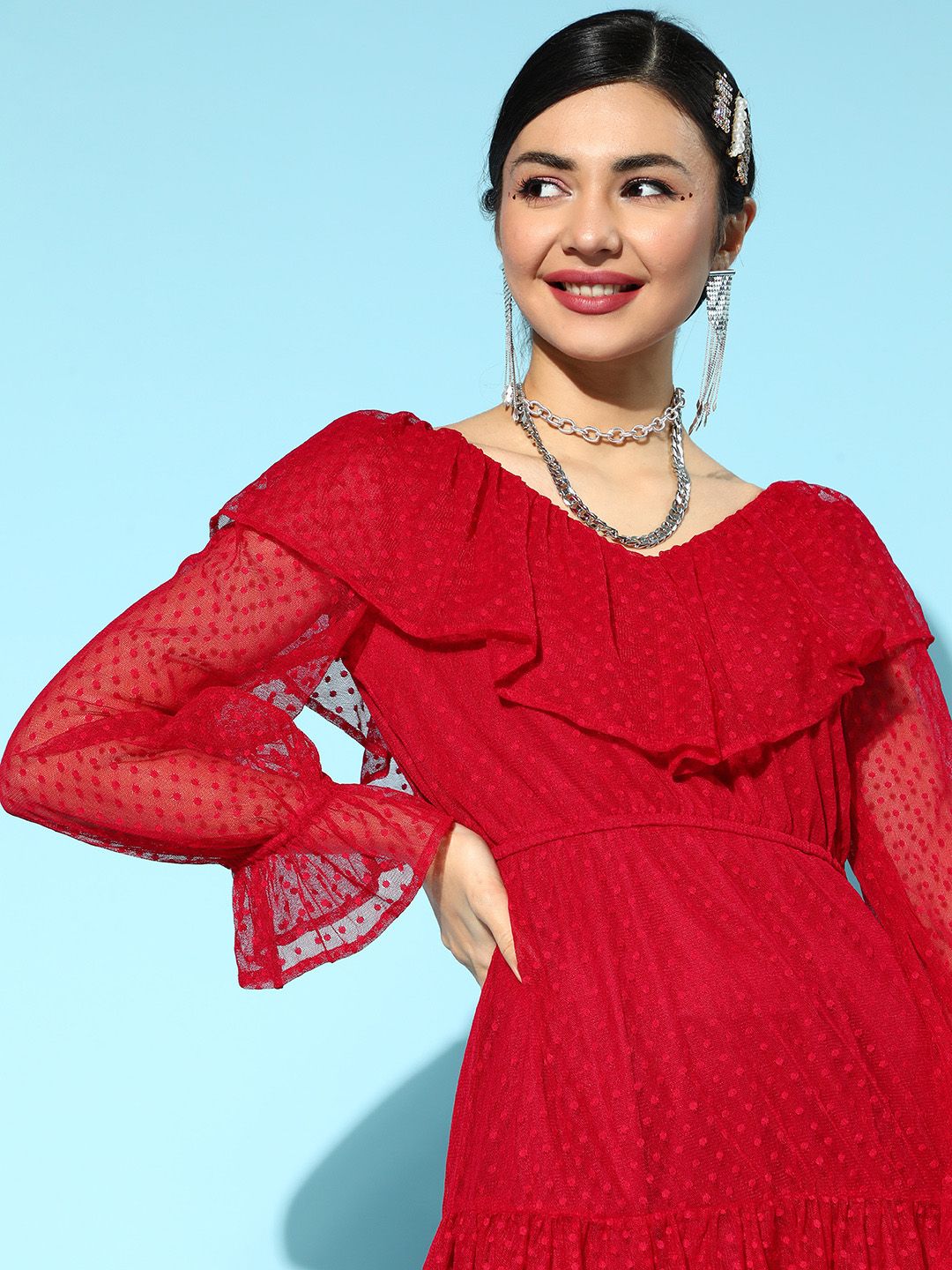Athena Red Self Design Dobby Net A-Line Dress