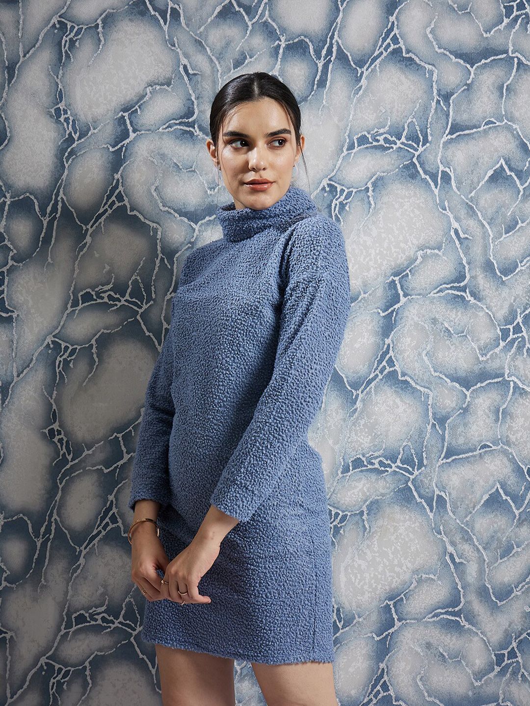 Athena Blue Self Design Turtle Neck Sheath Dress