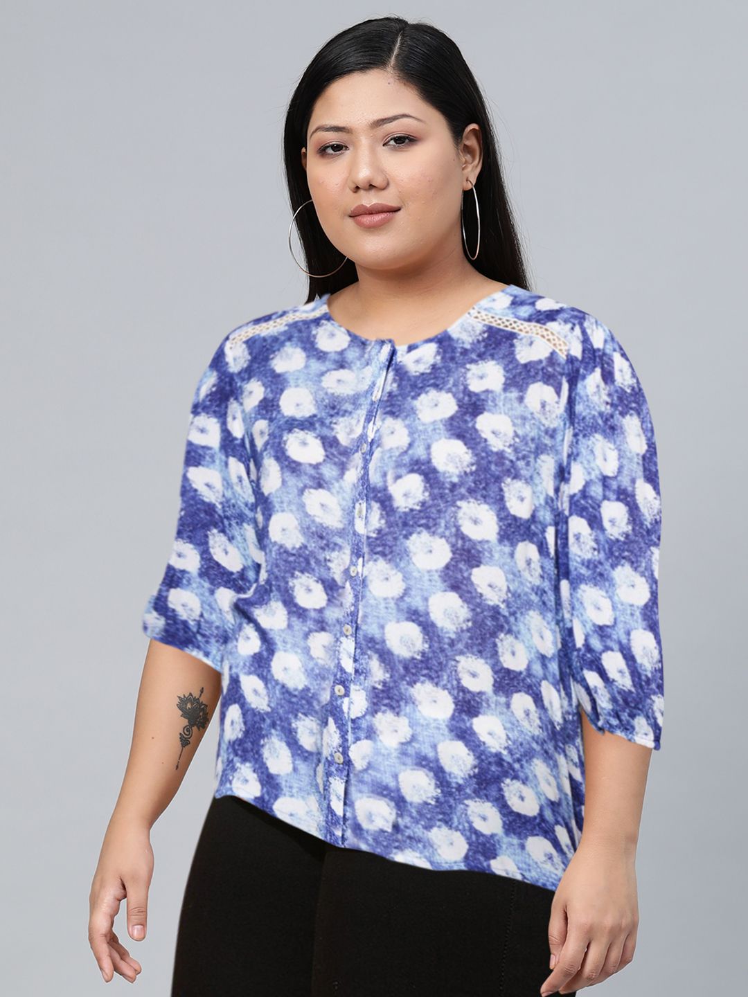 Global Desi Blue Floral Printed Three Quarter Sleeves Top