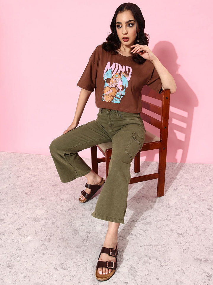 DressBerry Women Printed Drop-Shoulder Pure Cotton Crop T-shirt