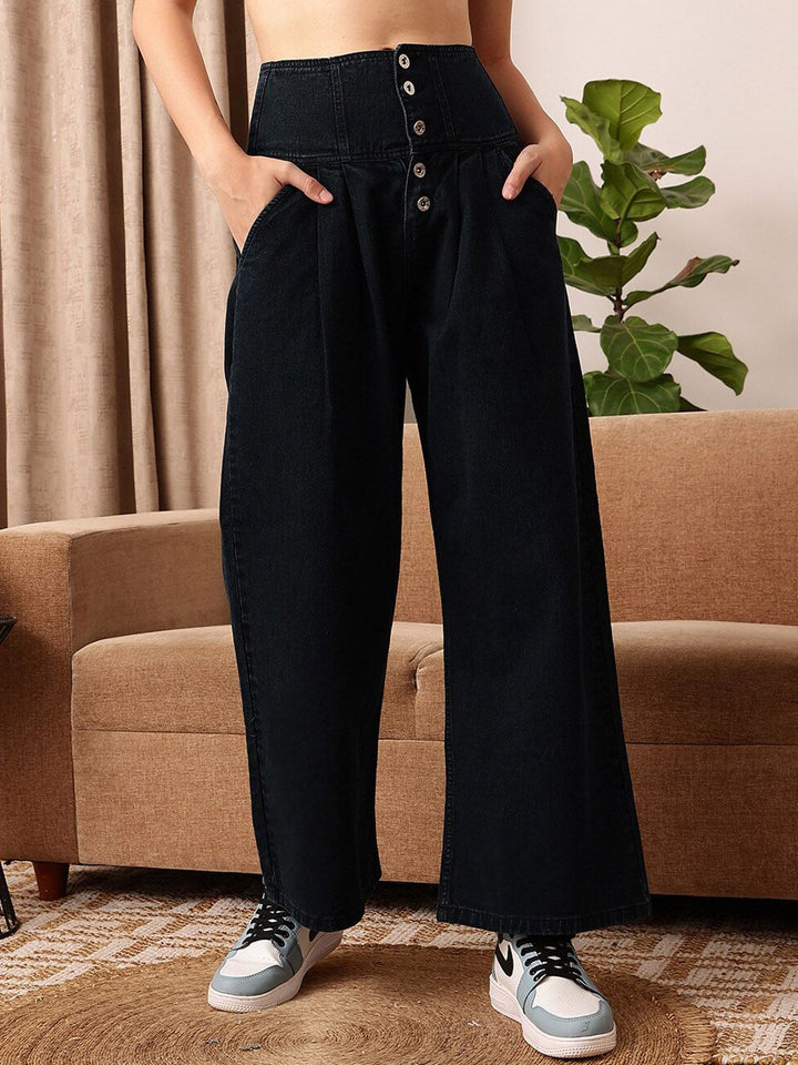 STREET 9 Women Comfort Wide Leg Cotton High-Rise Jeans